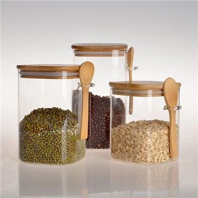 3 יחידות צנצנת זכוכית מרובעת שקופה עם מכסי במבוק