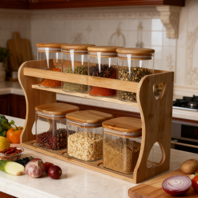 צנצנות זכוכית עם בסיס עץ