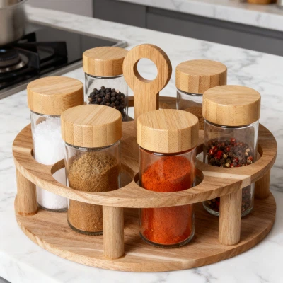 סט צנצנות תבלינים מזכוכית 6 חלקים עם מעמד עגול